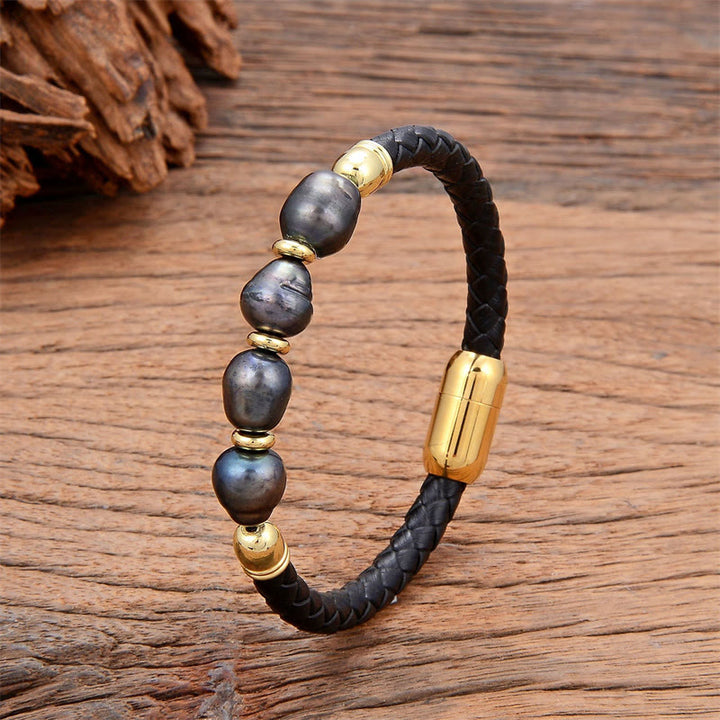 Bracelet en cuir et acier titane avec perles de forme irrégulière faites à la main avec Buddha Stones
