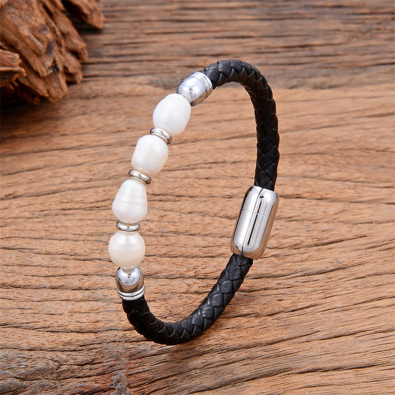 Bracelet en cuir et acier titane avec perles de forme irrégulière faites à la main avec Buddha Stones