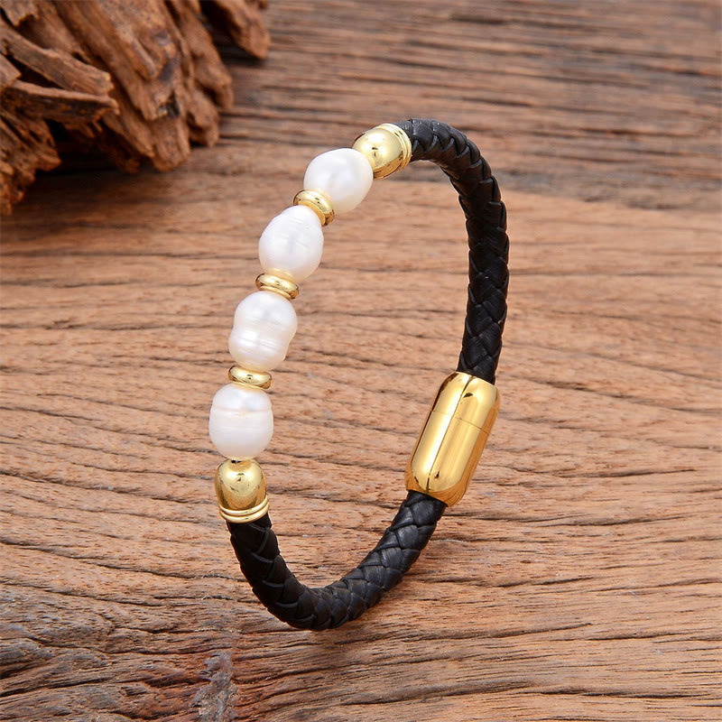 Bracelet en cuir et acier titane avec perles de forme irrégulière faites à la main avec Buddha Stones