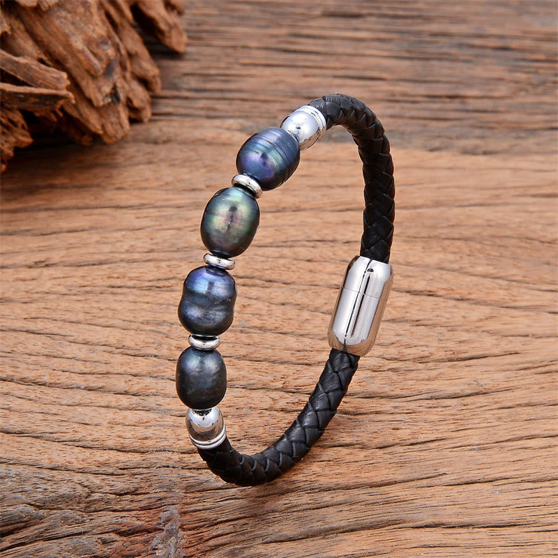 Bracelet en cuir et acier titane avec perles de forme irrégulière faites à la main avec Buddha Stones