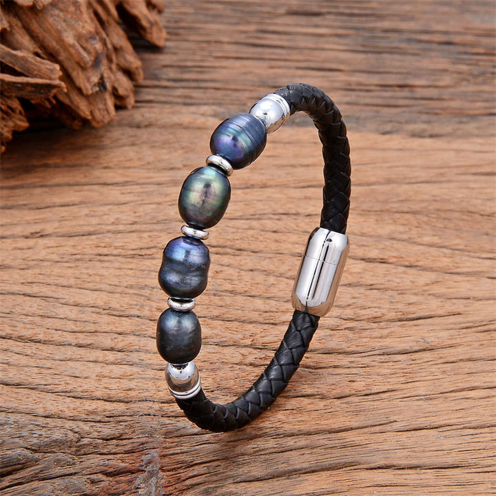 Bracelet en cuir et acier titane avec perles de forme irrégulière faites à la main avec Buddha Stones
