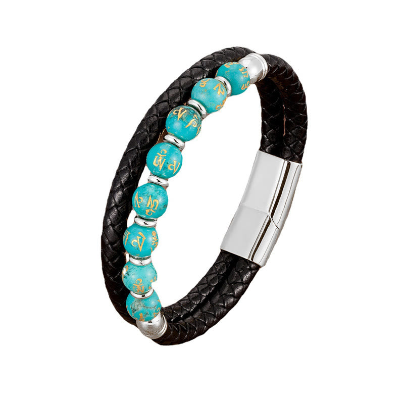 Bracelet en cuir avec Buddha Stones, onyx noir, turquoise, œil de tigre, agate rouge, Om Mani Padme Hum