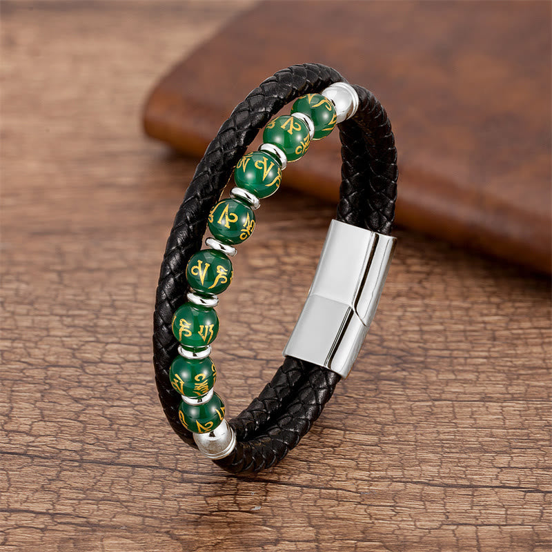Bracelet en cuir avec Buddha Stones, onyx noir, turquoise, œil de tigre, agate rouge, Om Mani Padme Hum