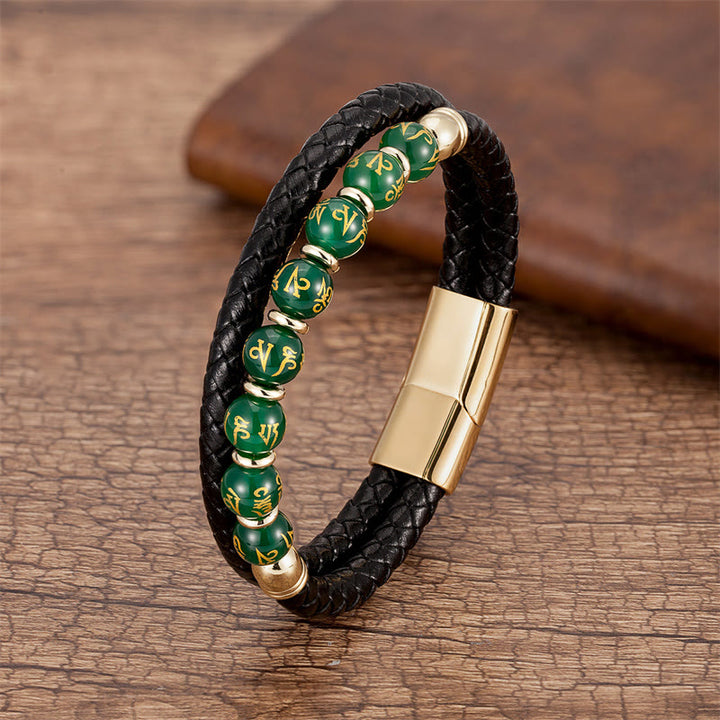 Bracelet en cuir avec Buddha Stones, onyx noir, turquoise, œil de tigre, agate rouge, Om Mani Padme Hum