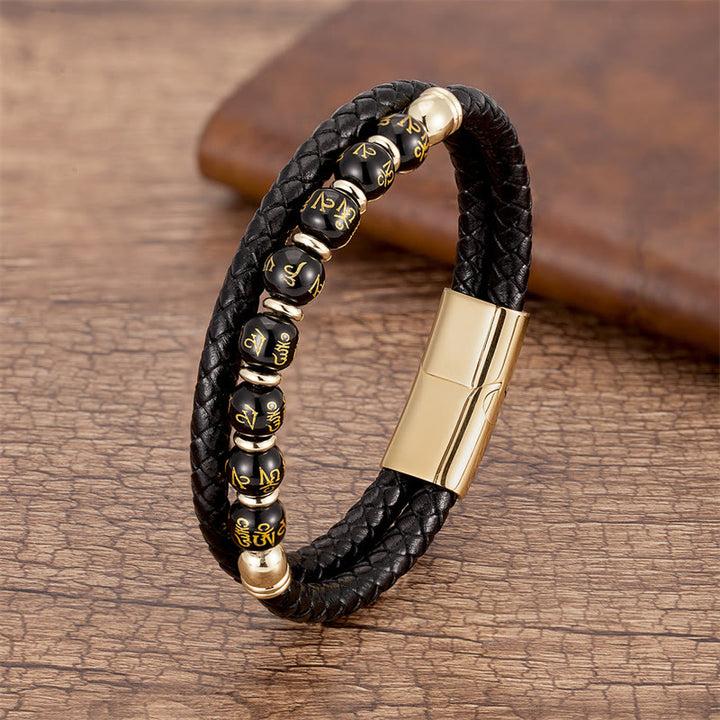 Bracelet en cuir avec Buddha Stones, onyx noir, turquoise, œil de tigre, agate rouge, Om Mani Padme Hum