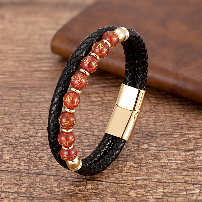 Bracelet en cuir avec Buddha Stones, onyx noir, turquoise, œil de tigre, agate rouge, Om Mani Padme Hum