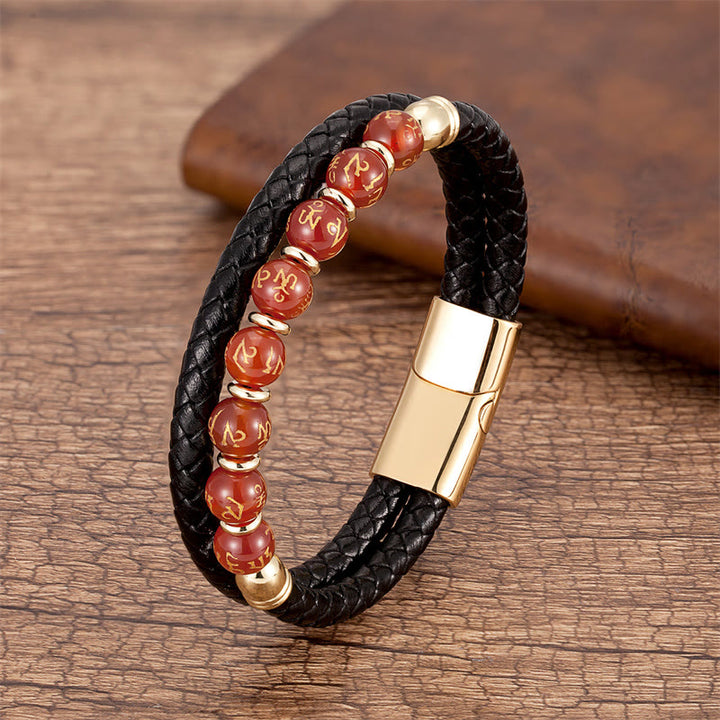 Bracelet en cuir avec Buddha Stones, onyx noir, turquoise, œil de tigre, agate rouge, Om Mani Padme Hum