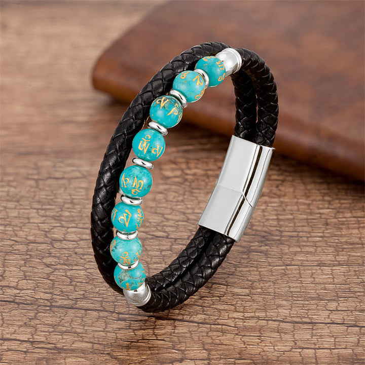Bracelet en cuir avec Buddha Stones, onyx noir, turquoise, œil de tigre, agate rouge, Om Mani Padme Hum