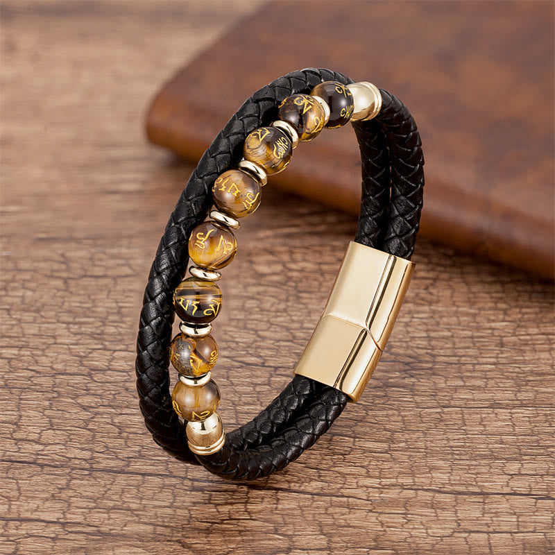 Bracelet en cuir avec Buddha Stones, onyx noir, turquoise, œil de tigre, agate rouge, Om Mani Padme Hum