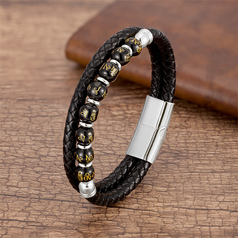 Bracelet en cuir avec Buddha Stones, onyx noir, turquoise, œil de tigre, agate rouge, Om Mani Padme Hum