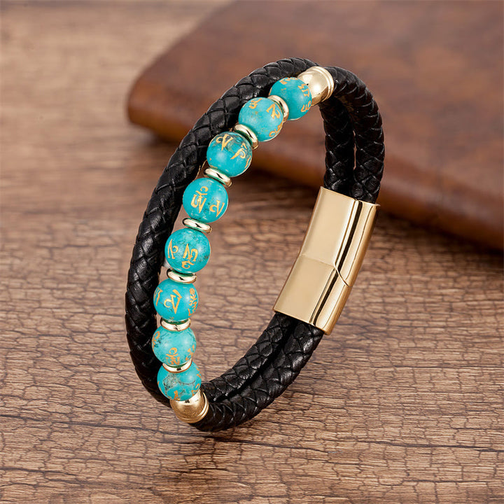 Bracelet en cuir avec Buddha Stones, onyx noir, turquoise, œil de tigre, agate rouge, Om Mani Padme Hum