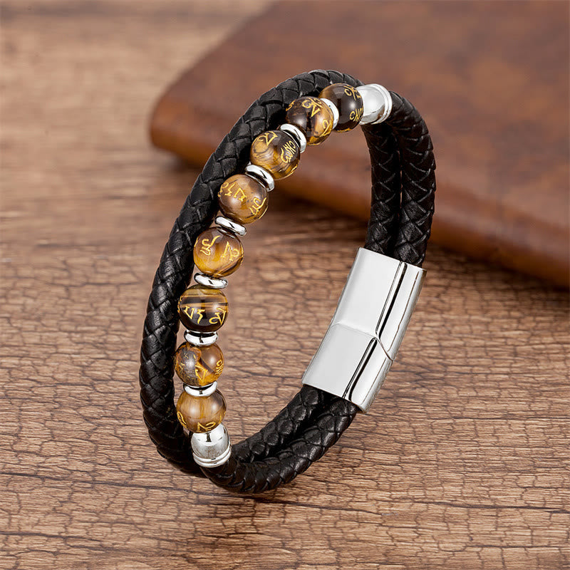 Bracelet en cuir avec Buddha Stones, onyx noir, turquoise, œil de tigre, agate rouge, Om Mani Padme Hum