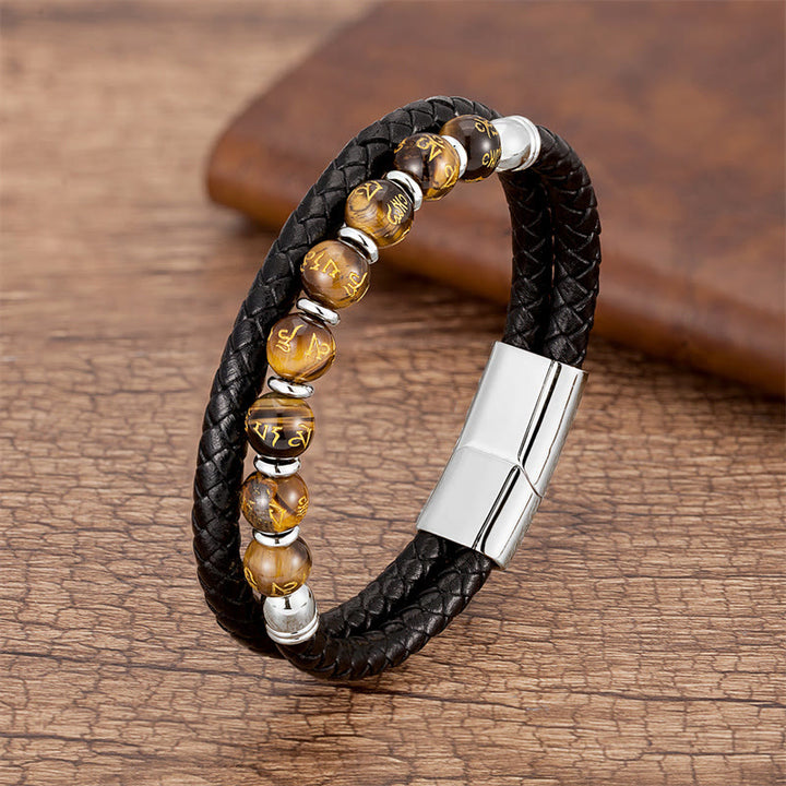 Bracelet en cuir avec Buddha Stones, onyx noir, turquoise, œil de tigre, agate rouge, Om Mani Padme Hum