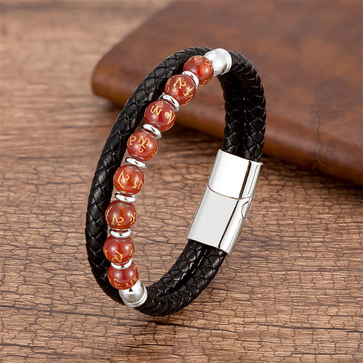 Bracelet en cuir avec Buddha Stones, onyx noir, turquoise, œil de tigre, agate rouge, Om Mani Padme Hum