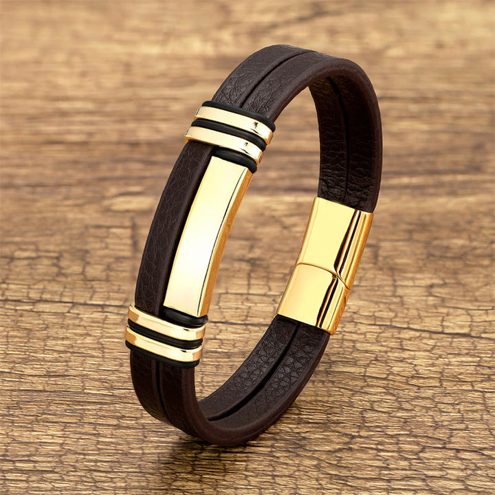 Bracelet d'équilibre en cuir marron avec boucle en acier titane et Buddha Stones