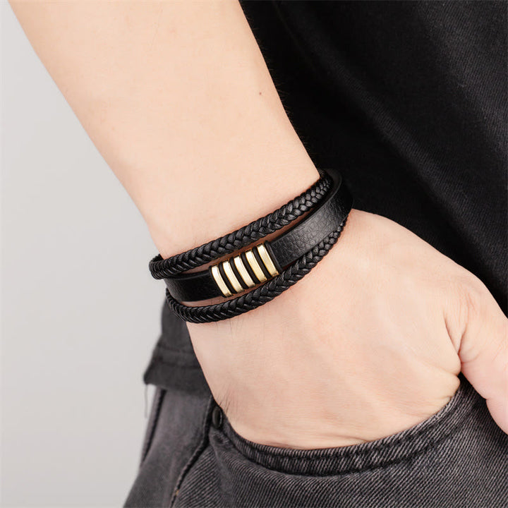 Bracelet d'équilibre multicouche en cuir et acier titane avec boucle en Buddha Stones