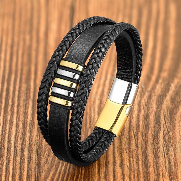 Bracelet d'équilibre multicouche en cuir et acier titane avec boucle en Buddha Stones
