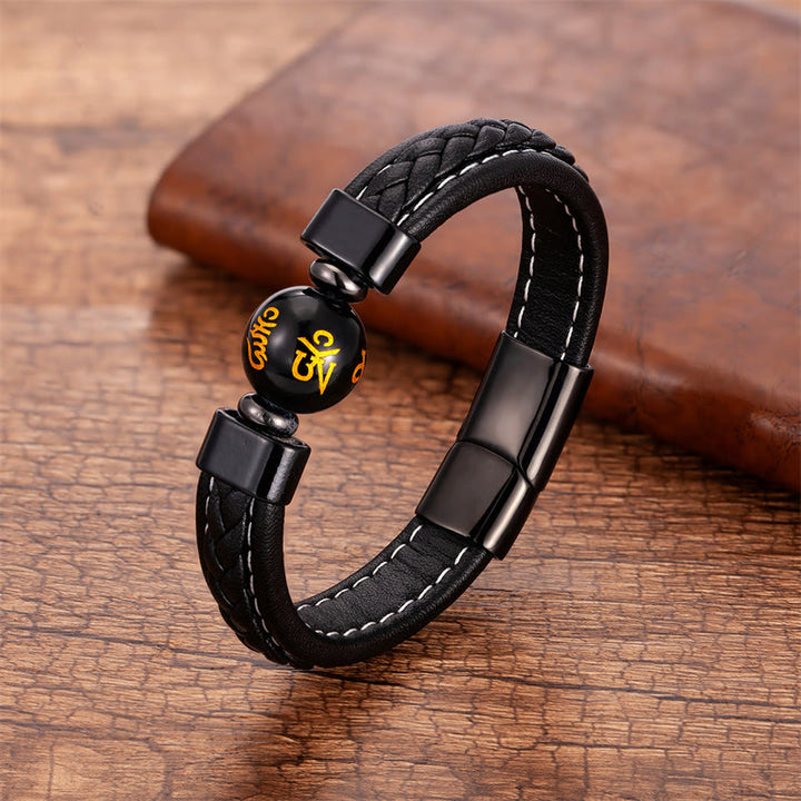 Bracelet en cuir avec Buddha Stones, lazurite, onyx noir, œil de tigre, pierre de lave, Om Mani Padme Hum, sérénité