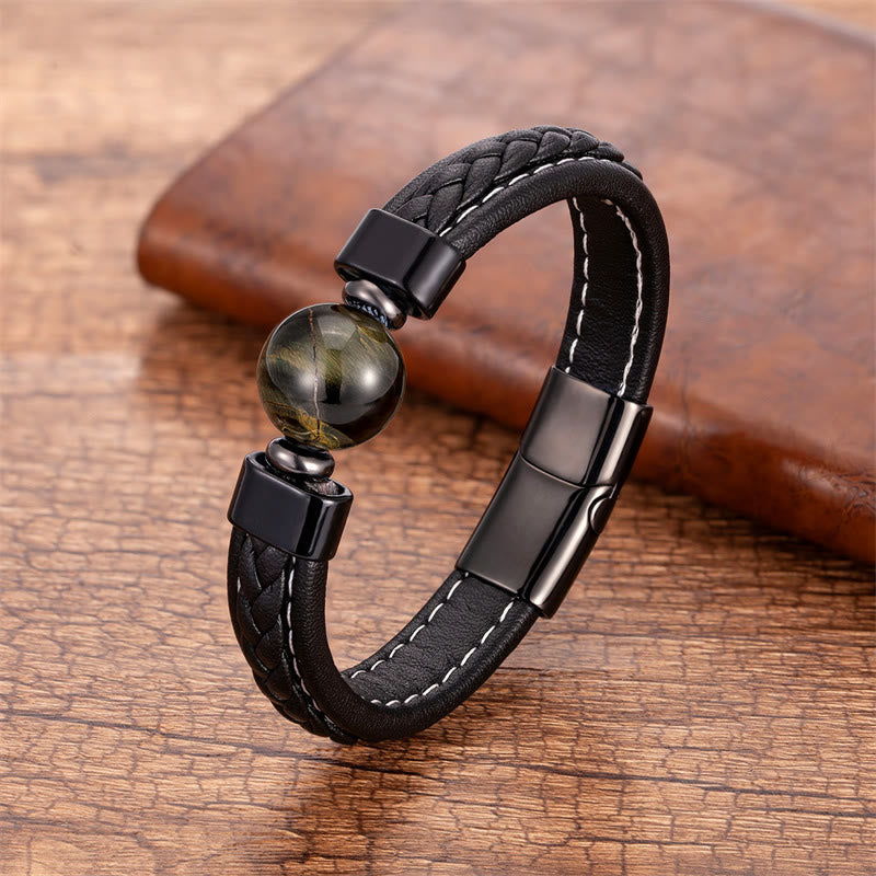 Bracelet en cuir avec Buddha Stones, lazurite, onyx noir, œil de tigre, pierre de lave, Om Mani Padme Hum, sérénité
