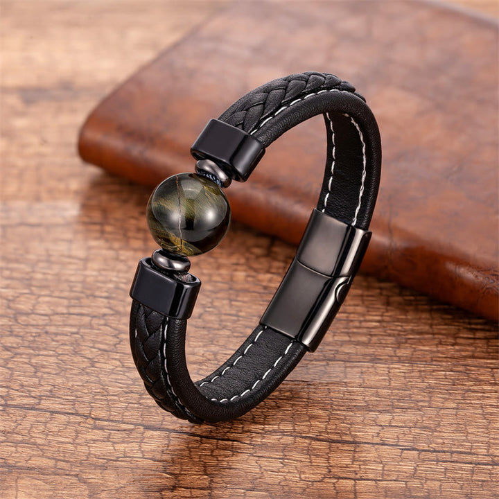 Bracelet en cuir avec Buddha Stones, lazurite, onyx noir, œil de tigre, pierre de lave, Om Mani Padme Hum, sérénité