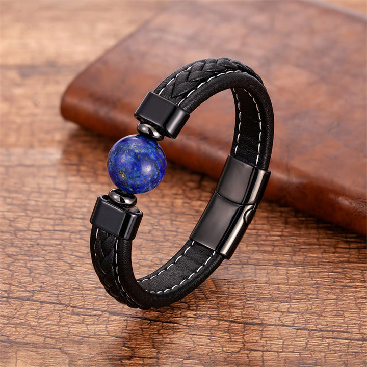 Bracelet en cuir avec Buddha Stones, lazurite, onyx noir, œil de tigre, pierre de lave, Om Mani Padme Hum, sérénité