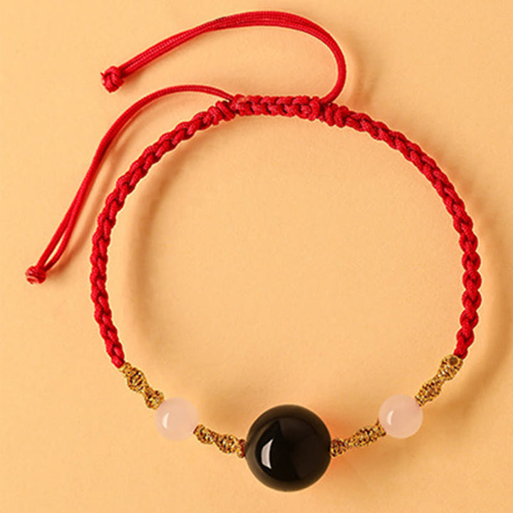 Bracelet tressé porte-bonheur en jade Hetian, onyx noir, agate rouge et pierres de Buddha Stones
