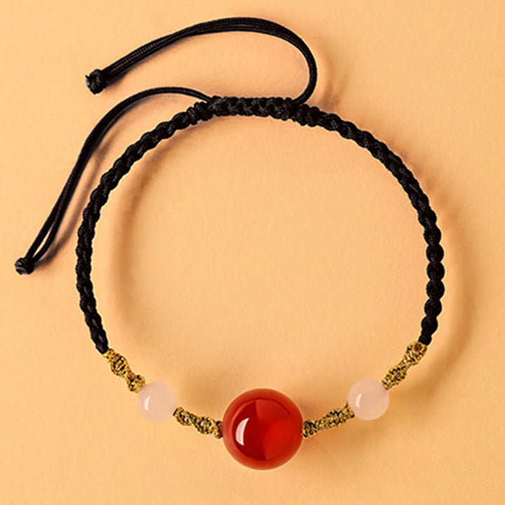 Bracelet tressé porte-bonheur en jade Hetian, onyx noir, agate rouge et pierres de Buddha Stones