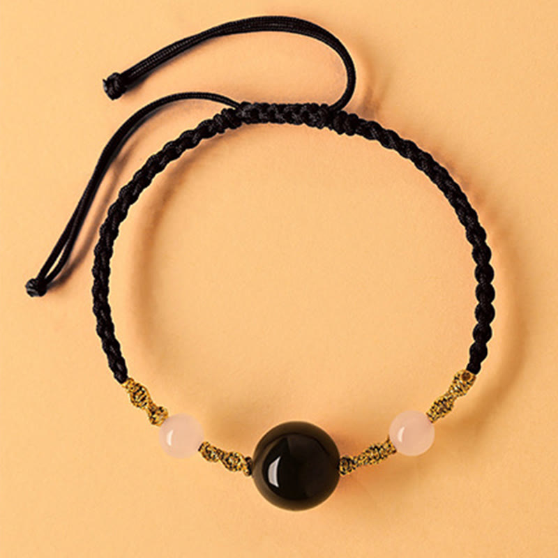Bracelet tressé porte-bonheur en jade Hetian, onyx noir, agate rouge et pierres de Buddha Stones