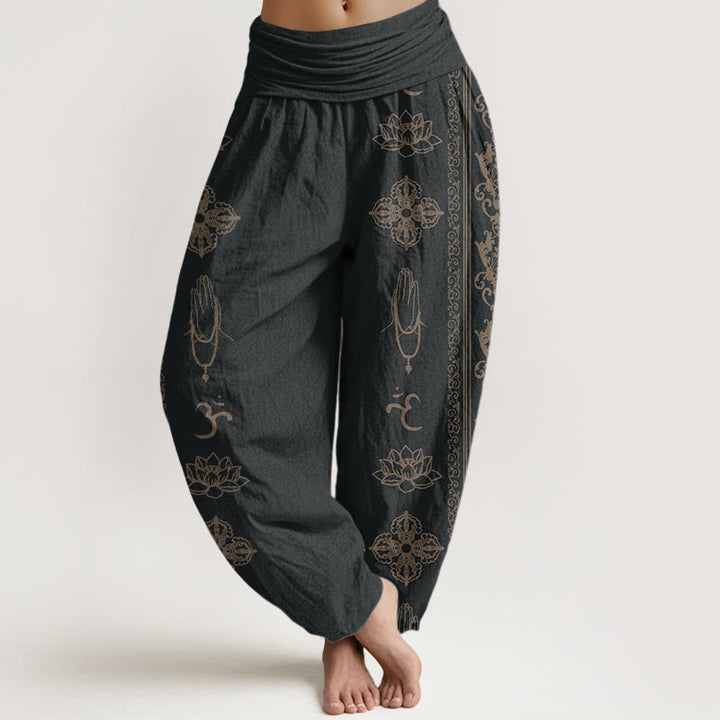 Pantalon harem à taille élastique pour femme, orné de Buddha Stones, de fleurs de lotus en coton et de motifs double Dorje Vajra Namaste Om. - Noir - US22，UK/AU26，EU54 (6XL) - image 0