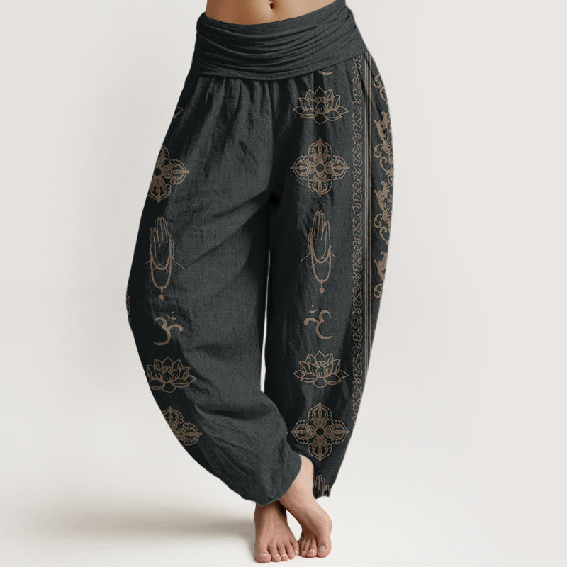 Pantalon harem à taille élastique pour femme, orné de Buddha Stones, de fleurs de lotus en coton et de motifs double Dorje Vajra Namaste Om. - Noir - US22，UK/AU26，EU54 (6XL) - image 0