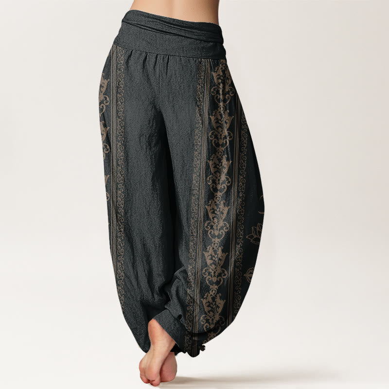 Pantalon harem à taille élastique pour femme, orné de Buddha Stones, de fleurs de lotus en coton et de motifs double Dorje Vajra Namaste Om. - image 1