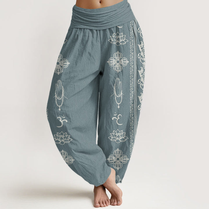 Pantalon harem à taille élastique pour femme, orné de Buddha Stones, de fleurs de lotus en coton et de motifs double Dorje Vajra Namaste Om. - CadetBlue - US22，UK/AU26，EU54 (6XL) - image 4