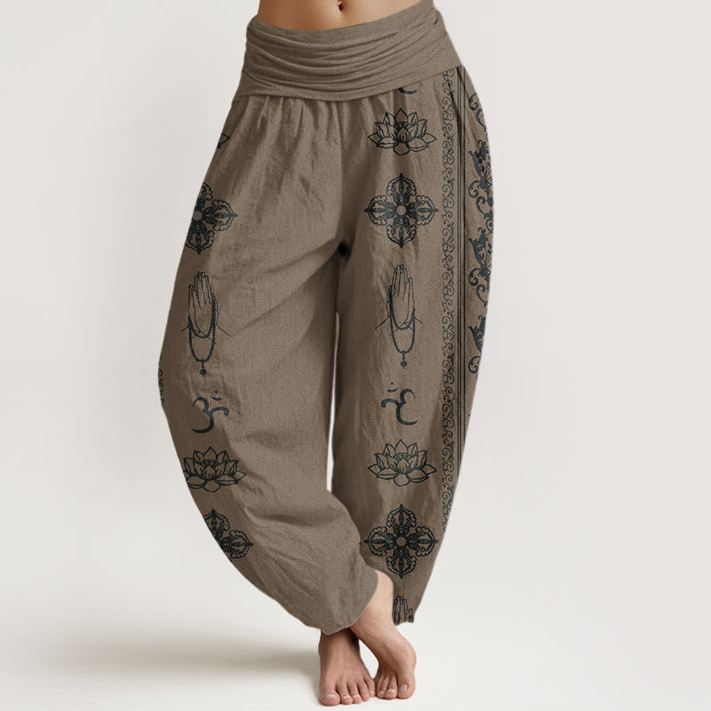 Pantalon harem à taille élastique pour femme, orné de Buddha Stones, de fleurs de lotus en coton et de motifs double Dorje Vajra Namaste Om. - DarkKhaki - US22，UK/AU26，EU54 (6XL) - image 7