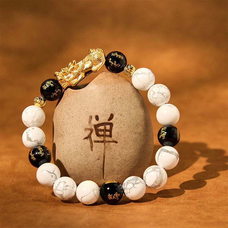 Bracelet de bénédiction en perles de Pixiu en onyx noir et turquoise blanc vintage Buddha Stones
