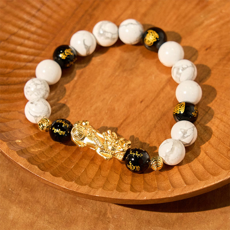 Bracelet de bénédiction en perles de Pixiu en onyx noir et turquoise blanc vintage Buddha Stones
