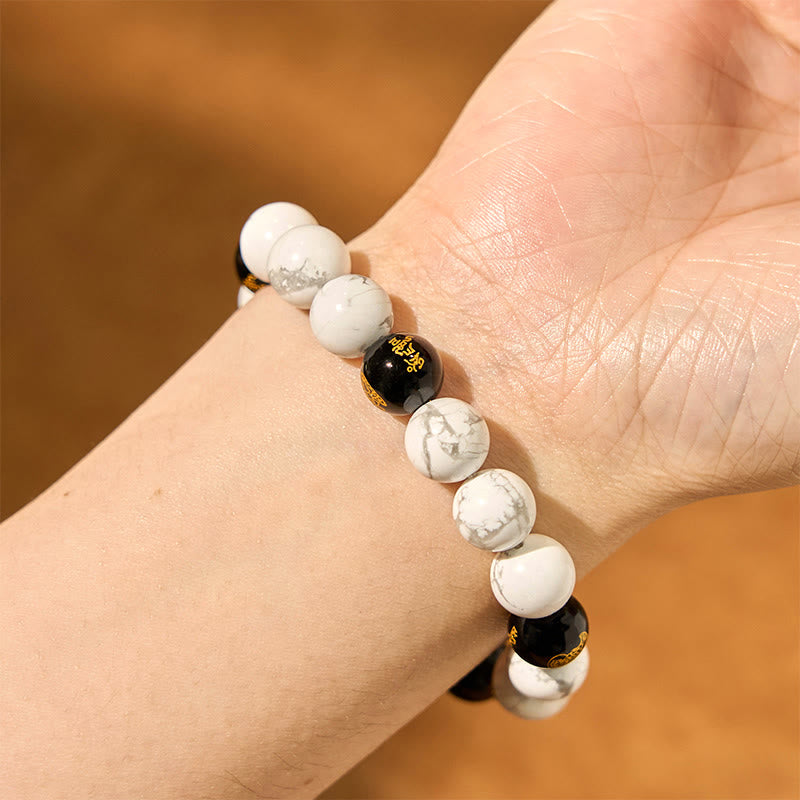 Bracelet de bénédiction en perles de Pixiu en onyx noir et turquoise blanc vintage Buddha Stones
