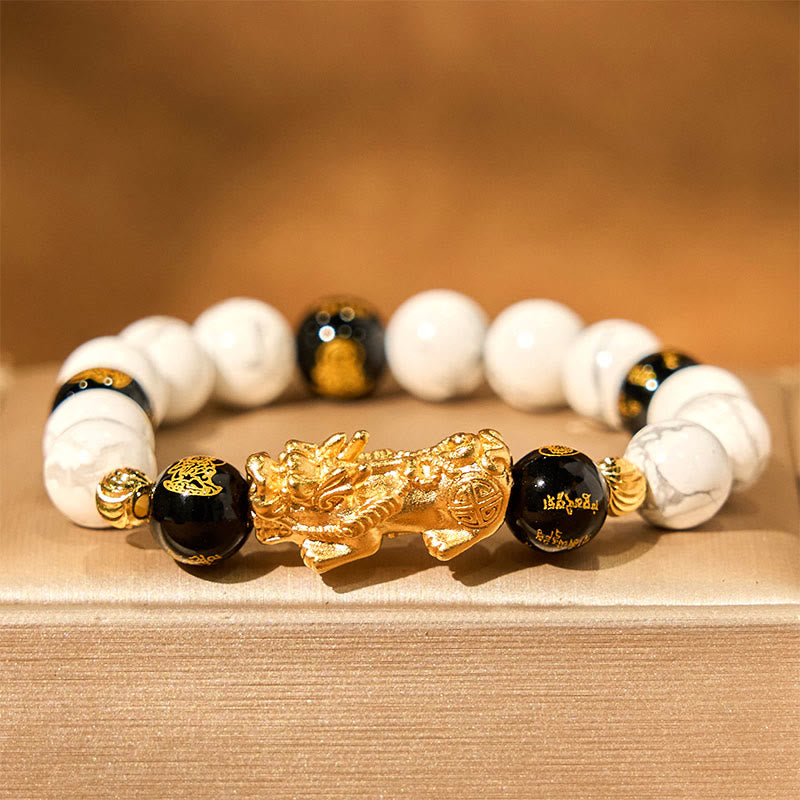 Bracelet de bénédiction en perles de Pixiu en onyx noir et turquoise blanc vintage Buddha Stones