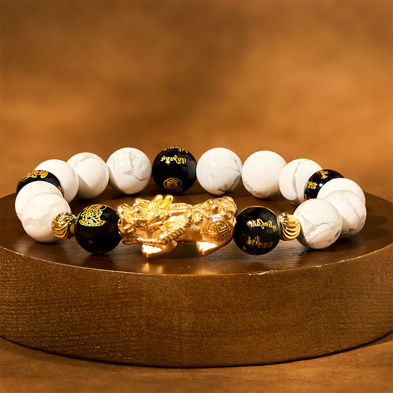 Bracelet de bénédiction en perles de Pixiu en onyx noir et turquoise blanc vintage Buddha Stones