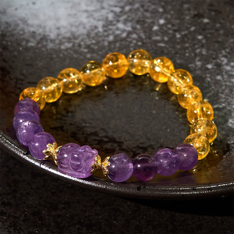 Bracelet de prospérité Pixiu en Buddha Stones, citrine et améthyste