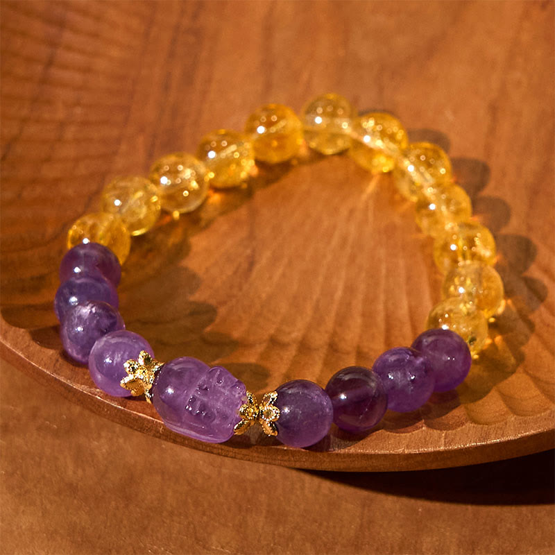 Bracelet de prospérité Pixiu en Buddha Stones, citrine et améthyste