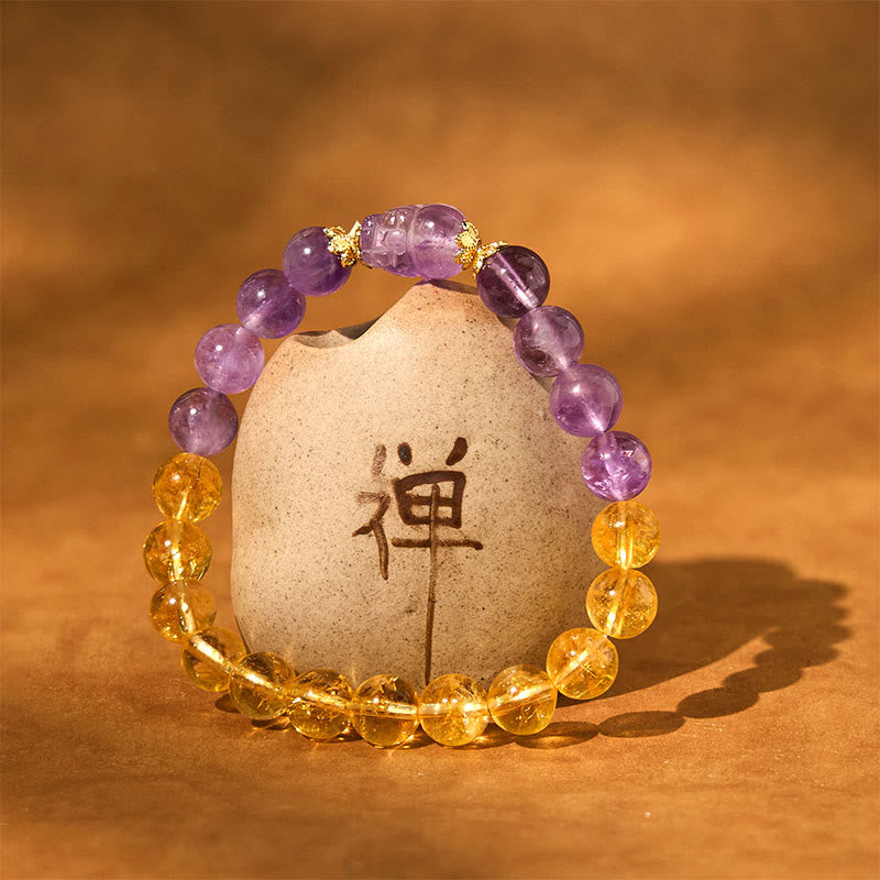 Bracelet de prospérité Pixiu en Buddha Stones, citrine et améthyste