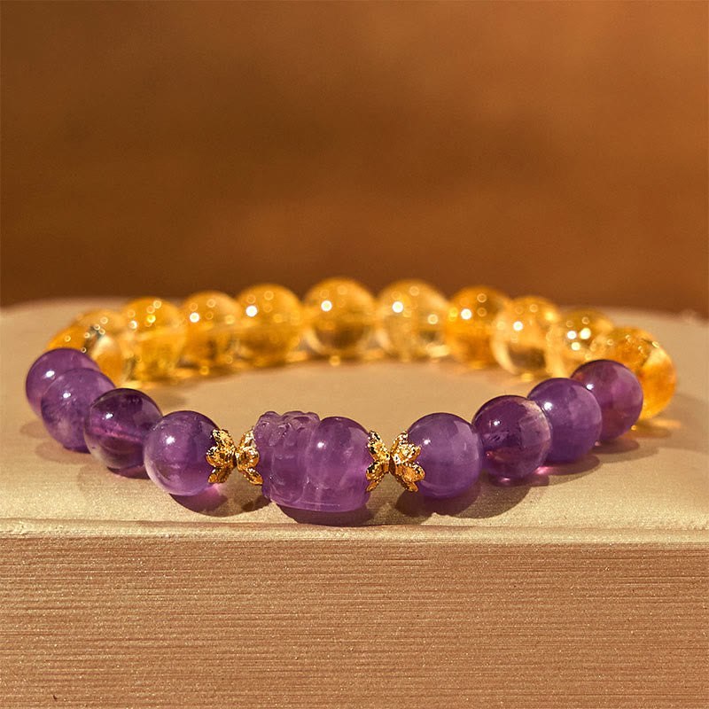 Bracelet de prospérité Pixiu en Buddha Stones, citrine et améthyste