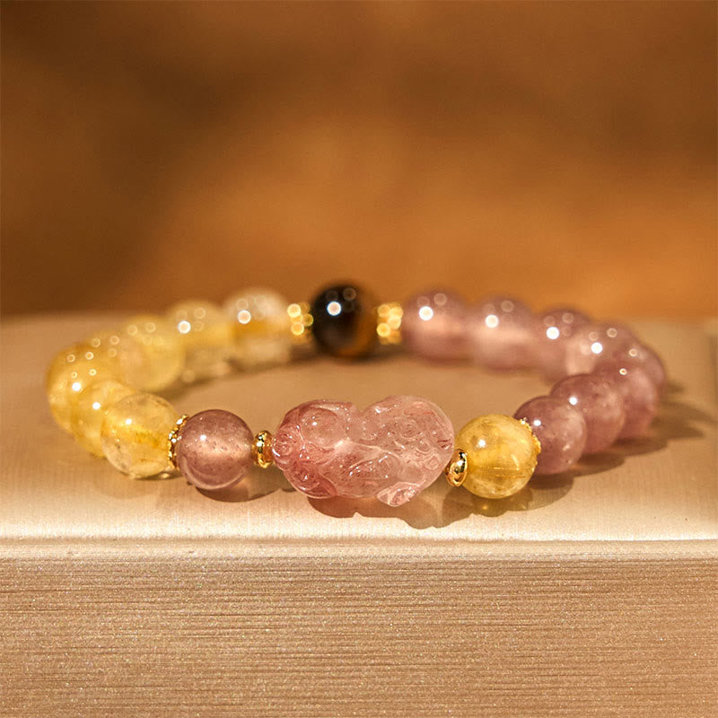 Bracelet de guérison en perles de quartz rutile Pixiu en quartz fraise Buddha Stones