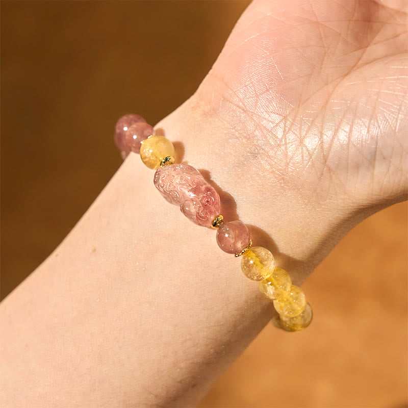 Bracelet de guérison en perles de quartz rutile Pixiu en quartz fraise Buddha Stones