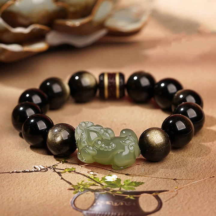 Bracelet de richesse PiXiu en jade cyan Hetian en obsidienne naturelle et dorée avec Buddha Stones
