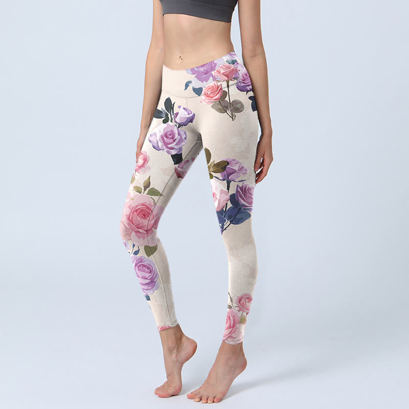 Pantalon de yoga pour femme avec legging de sport à imprimé fleurs de roses beiges Buddha Stones - Beige - US18，UK/AU22，EU50 (4XL) - image 0