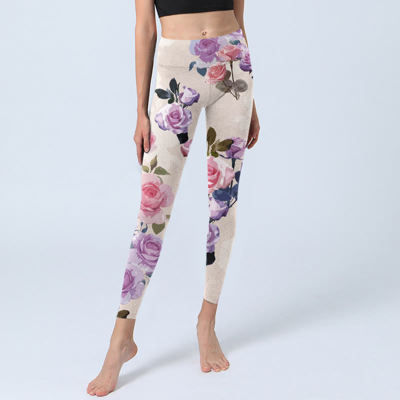 Pantalon de yoga pour femme avec legging de sport à imprimé fleurs de roses beiges Buddha Stones - image 6