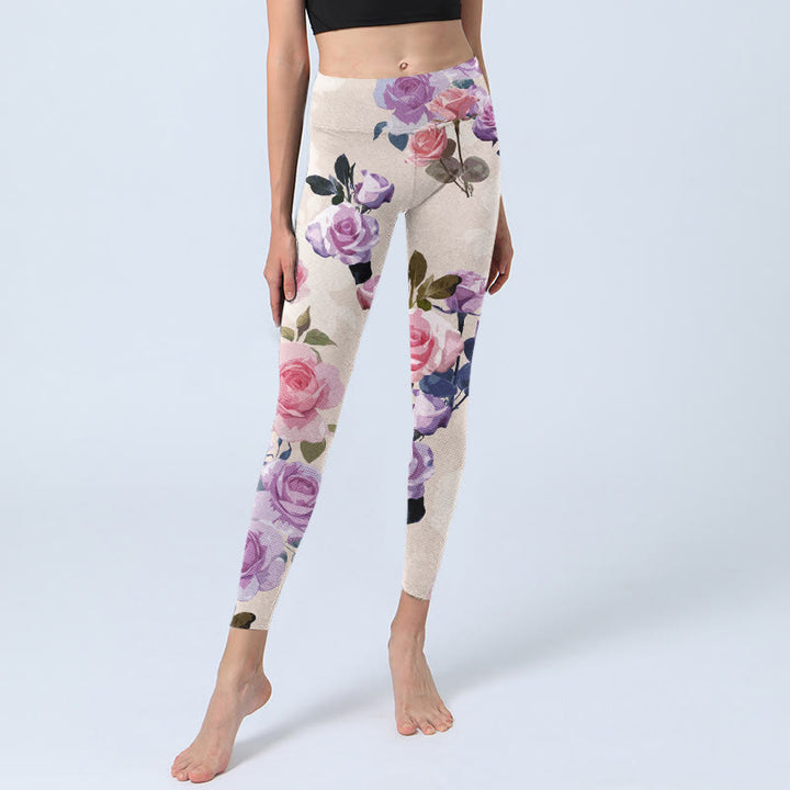 Pantalon de yoga pour femme avec legging de sport à imprimé fleurs de roses beiges Buddha Stones - image 6