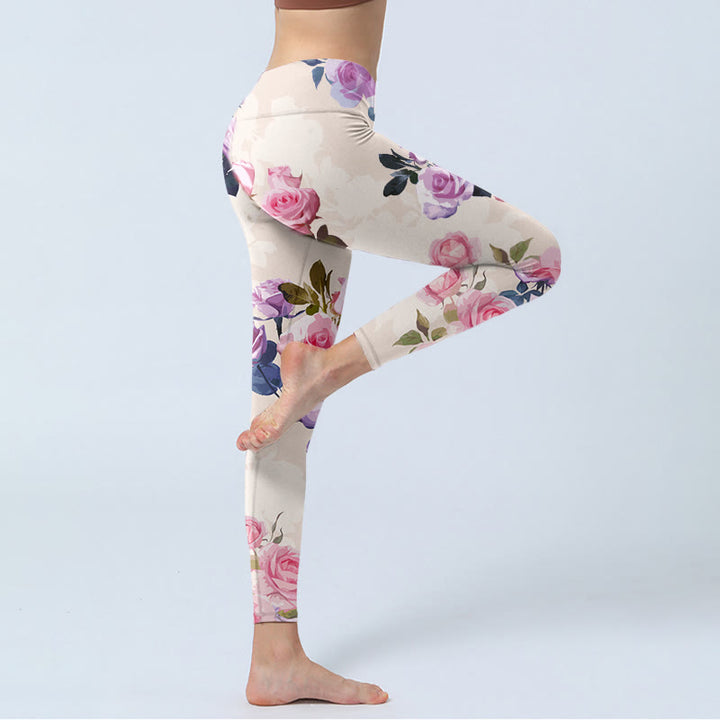 Pantalon de yoga pour femme avec legging de sport à imprimé fleurs de roses beiges Buddha Stones - image 4