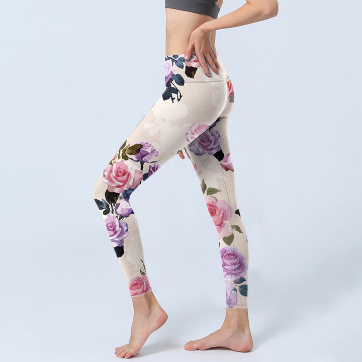 Pantalon de yoga pour femme avec legging de sport à imprimé fleurs de roses beiges Buddha Stones - image 3